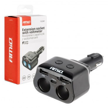 Rozdeľovač rozbočovač zásuvky zapaľovača 2x USB 1x USB-C 12V 24V + voltmeter AMIO-04173 Rozdeľovač rozbočovač zásuvky zapaľovača 2x USB 1x USB-C 12V 24V + voltmeter AMIO-04173