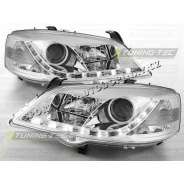 OPEL ASTRA G 1997-04 PŘEDNÍ ČÍRÁ SVĚTLA DAYLIGHT LED CHROME