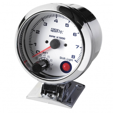 Prídavný otáčkomer Race Sport 90 mm 0-8000 RPM - nastaviteľný shift, biely Prídavný otáčkomer Race Sport 90 mm 0-8000 RPM - nastaviteľný shift, biely