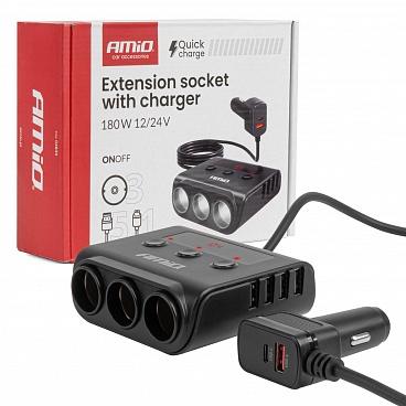 Rozbočovač zásuvky zapaľovača s nabíjačkou 4xUSB-A QC3.0 PD 3.0 180 W