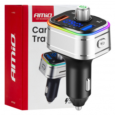 FM vysielač do auta 2×USB-A 1×USB-C microSD 12V 24V AMIO-04652