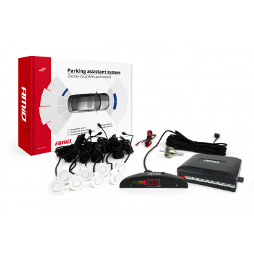 Parkovací systém s LED aj akustickou signalizáciou 8 bielych senzorov (predok + zadok)