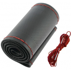 Poťah na volant kožený čierny, červený šev pre priemer 37-39 cm